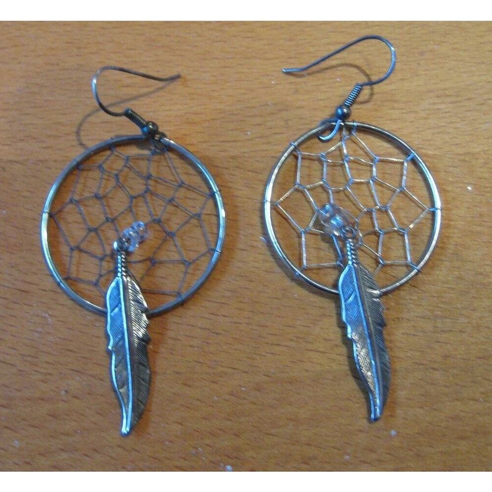 Dream Catcher Silver Dangle Pieced Earrings with Pretty Leaf & Beads - Vintage